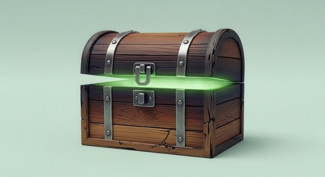 Ancient treasure container with ethereal green luminescence promising untold riches and adventure