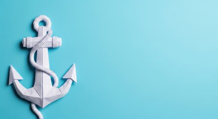 White origami anchor with rope on blue background ideal for nautical themes and maritime concepts with copy space © Naimur