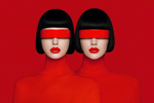 Two women with black bob haircuts wearing red turtleneck sweaters and red futuristic visors posing against a red background in a modern fashion concept.