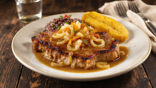 Realistic Food Photography of Cuban Style Pork Chops with Sauteed Onions and Mojo Sauce
