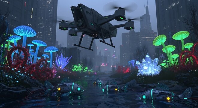 Drone hovers over glowing mushrooms.