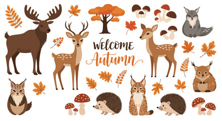 Fototapeta premium Large set of various forest animals and autumn leaves with the text welcome autumn on a clean white background.