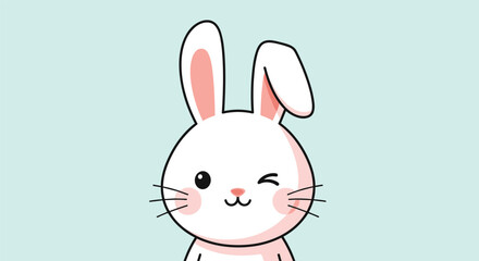 Obraz premium Cute white cartoon bunny rabbit with pink cheeks and long ears winking playfully against a soft light blue background.