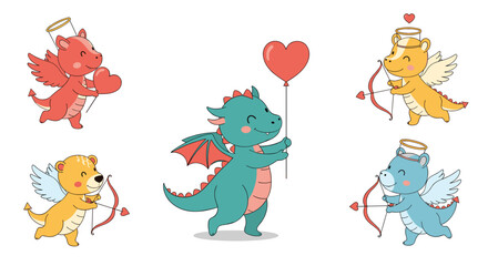Obraz premium Collection of cute cartoon dragons and bears dressed as cupids holding hearts and bows for Valentines Day celebration.