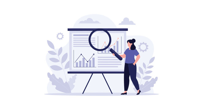 Businesswoman using a large magnifying glass to analyze data charts and financial graphs on a presentation board.