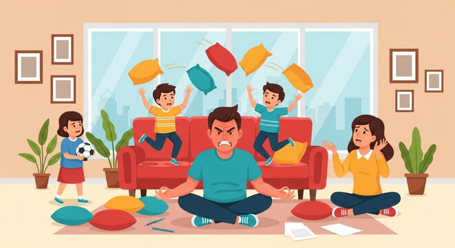 Frustrated parents in a messy living room, overwhelmed by the boisterous energy and playful disruption of their rambunctious children causing chaos and stress