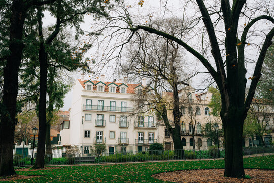 Quiet city park framed by historic European buildings