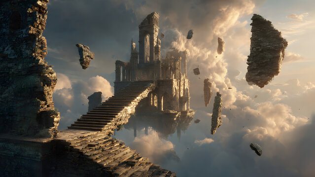 Ancient Castle Floating in Clouds, Fantasy Sky Kingdom Digital Illustration
