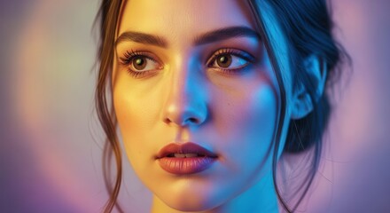 Fototapeta premium Enchanting close-up portrait of a young woman illuminated by vibrant dual-tone neon lighting