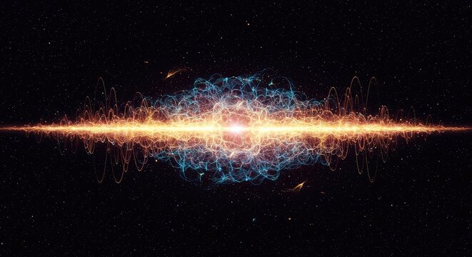 Abstract visualization of fundamental quantum field dynamics, showing interconnected energy webs and fluctuating probability waves in deep space ,particle ,flow ,interconnection