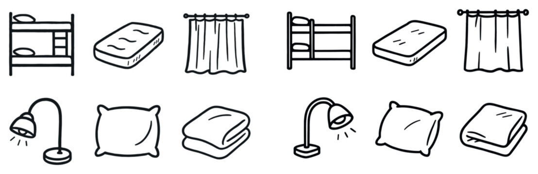 Home icons with bed pillow blanket minimal outline