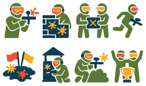 Paintball icons with players guns colorful