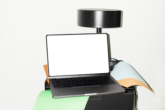 Laptop mockup with empty screen for text or design on a office desk