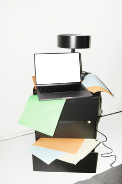 Laptop mockup with empty screen for text or design on a office desk