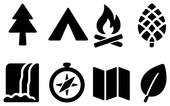 Camping icons with tent fire tree minimal