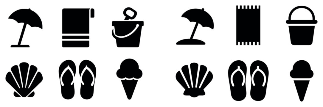 Beach icons with umbrella shell bucket minimal