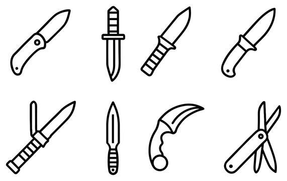 Weapon icons with knife dagger karambit outline bold