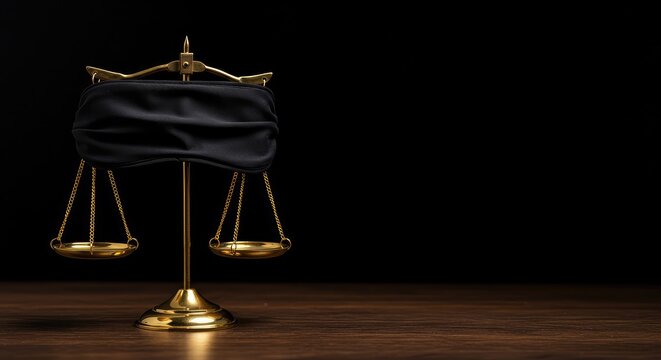 Close up of the golden scales of justice covered with a black blindfold, symbolizing fairness, equality, and unbiased legal principles ,scale ,ruling ,sculpture