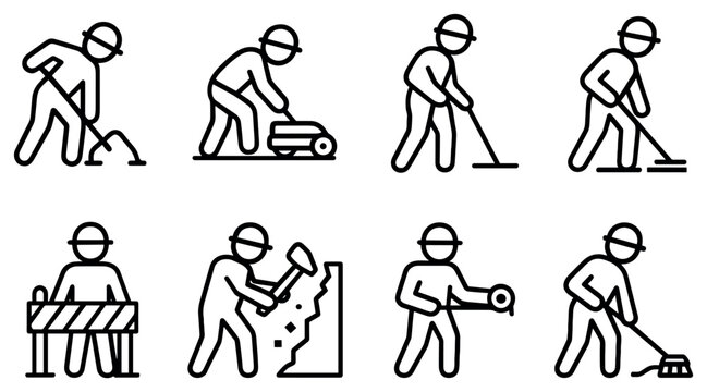 Construction icons with worker shovel hammer minimal outline