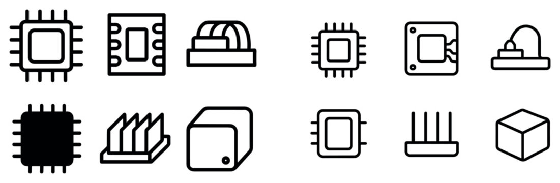 Technology icons with chip board heatsink outline