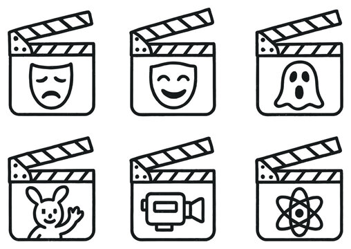 Entertainment icons with clapperboard camera mask outline