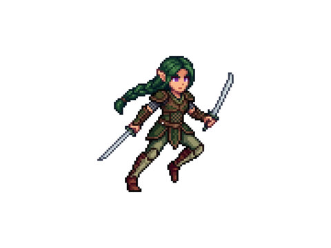 pixel art of a female elven assassin in a dynamic running pose, wielding dual silver scimitars and wearing leather armor.