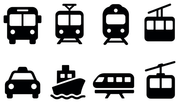 Transport icons with bus train cablecar glyph