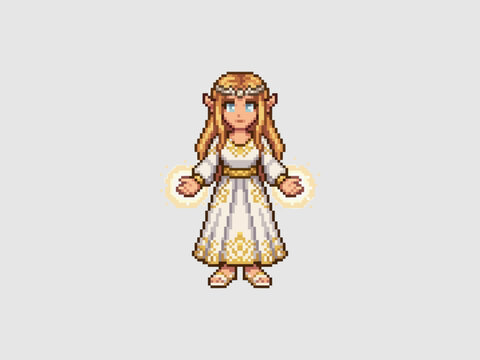 pixel art of a beautiful elf priestess wearing a white and gold royal dress with a crown and glowing light.