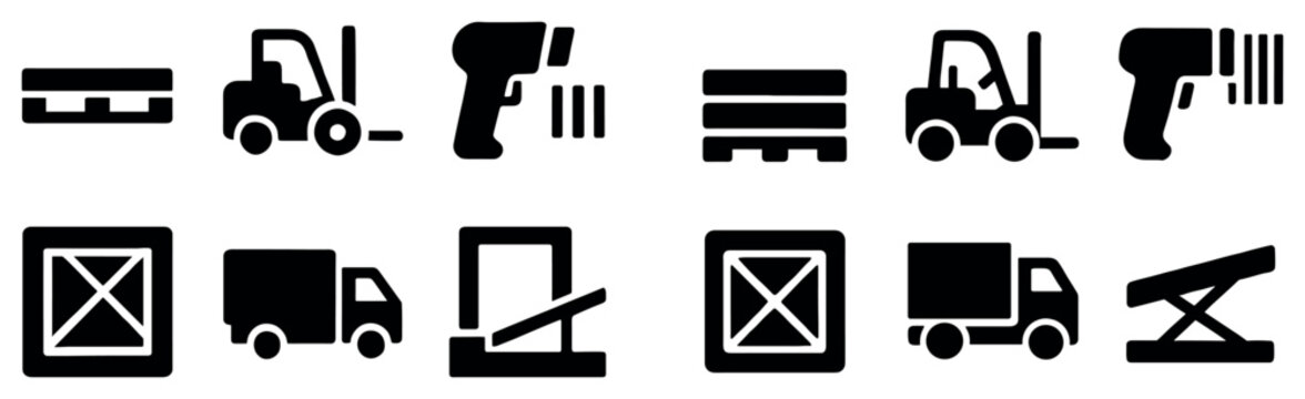 Warehouse icons with forklift pallet scanner minimal