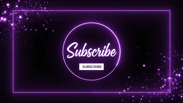 A video showcasing a purple neon subscribe button with a black background and sparkling particles