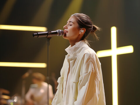 Praise singer on stage with a shining cross, a religious and spiritual scene