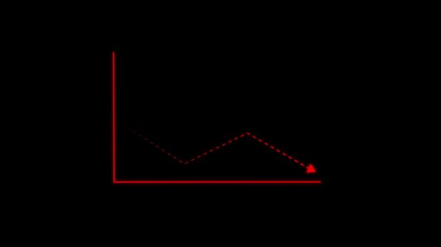 Modern colorful glowing line graph showing a downward and upward trend on a black background. Minimal financial chart concept representing market decline, loss, crisis, or negative growth.