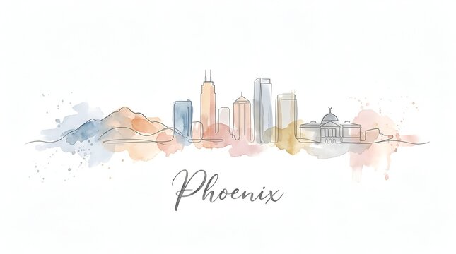 Elegant watercolor illustration of the Phoenix city skyline with iconic skyscrapers and architectural landmarks in soft pastel