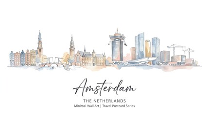 Obraz premium Elegant watercolor depiction of Amsterdam skyline blending historic landmarks with modern architecture in a seamless cityscape