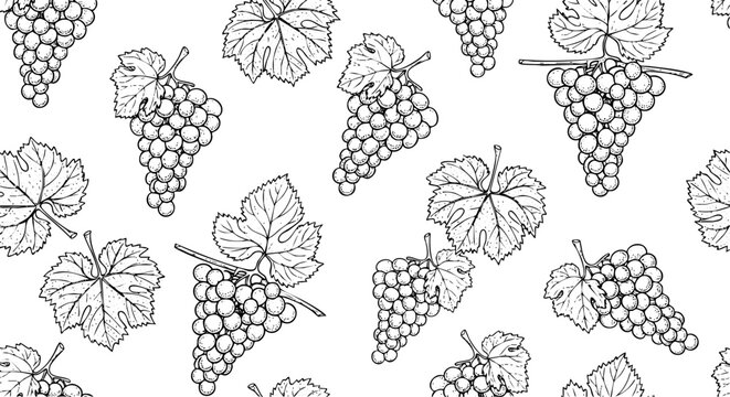 Hand-drawn outline of grape bunches and leaves forming a rustic repeating vector graphic pattern.
