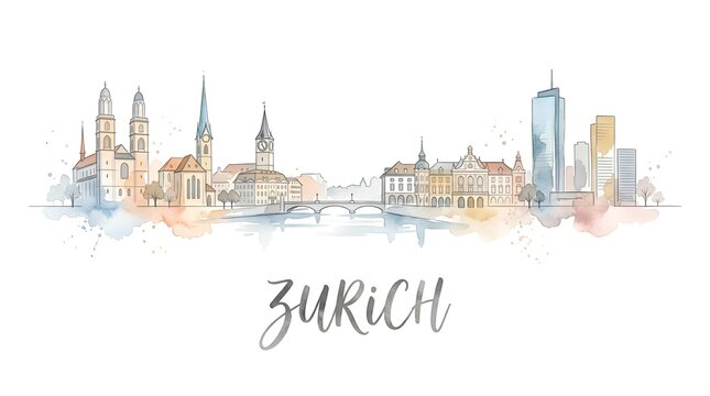 Stylized watercolor illustration capturing the diverse architectural skyline of zurich blending historic churches and modern