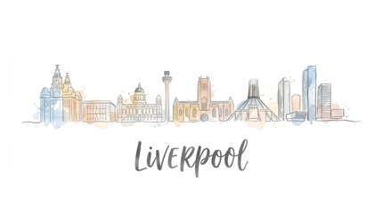 Naklejka premium Elegant watercolor illustration of Liverpool skyline showcasing historic and modern landmarks beneath a soft sky