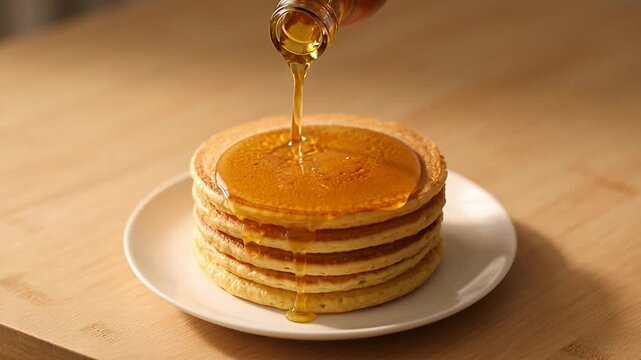 golden maple syrup pouring over a stack of pancakes on a white plate