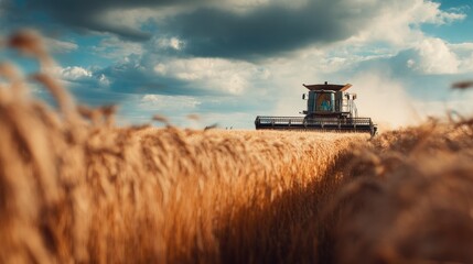 Obraz premium Harvesting Wheat with Combine in Open Field Under Dramatic Sky