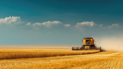 Fototapeta premium Tractor Harvesting Grain in Golden Wheat Field Under Blue Sky