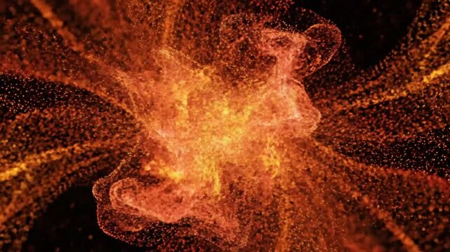 Abstract particle explosion effect reveals swirling orange energy against a dark backdrop for dynamic visuals