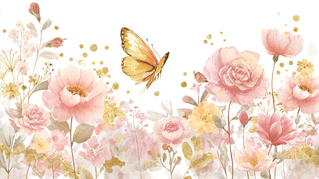 watercolor botanical butterfly and flowers texture template background.Elegant wedding invitation card background . Minimal hand painted Design for wedding or Valentine's Day