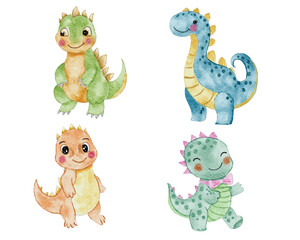 Naklejka premium Cute Dinosaur Watercolor illustration Set