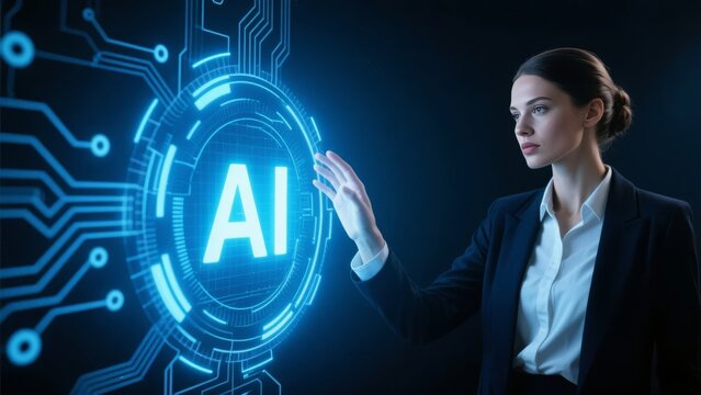 Businesswoman interacting with a glowing AI interface on a digital circuit background