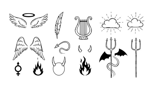 Hand Drawn Angel and Devil Doodle Symbol Set Vector Good and Evil Icons Collection