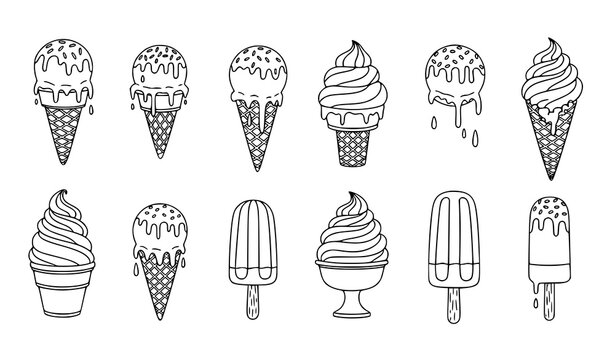 Ice cream doodle vector set hand drawn melting scoops cone popsicle