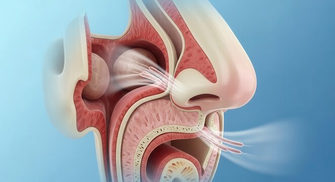 Detailed anatomical cross-section illustrating human nasal passages and olfactory system with
