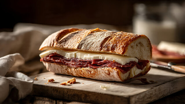 Realistic Food Photography of Cuban Pan con Timba - Guava Paste and Cheese Sandwich