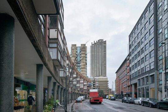 Street and Shops underneath the Golden Lane Estate, City of London