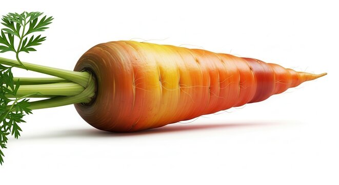 Single vibrant orange garden carrot with fresh green leafy top, isolated on a clean white